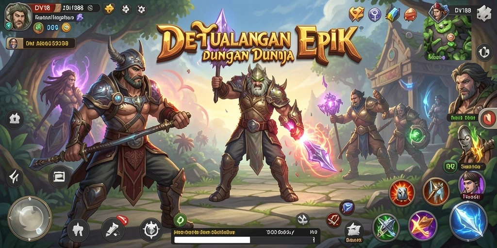 Tangkapan layar menampilkan aksi seru dalam gameplay RPG dan pertarungan epik.