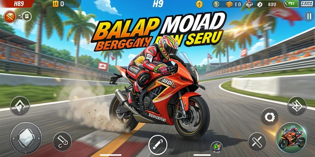 Tangkapan layar utama H89 menampilkan aksi balap motor yang mendebarkan.