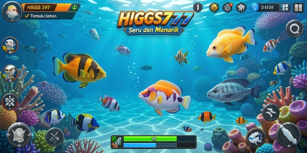 Gamplay seru HIGGS777 dengan berbagai ikan untuk ditangkap.