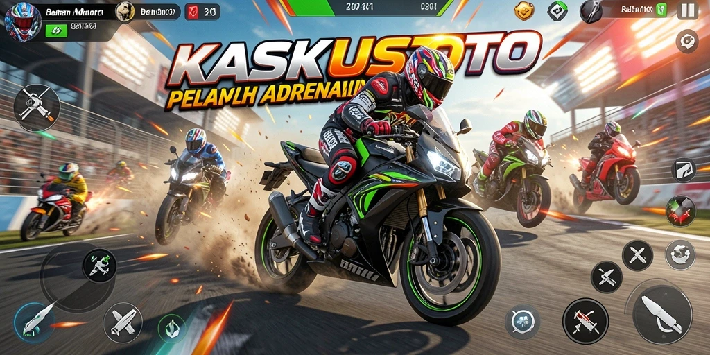 Screenshot gameplay KASKUSTOTO menampilkan balapan motor yang mendebarkan.