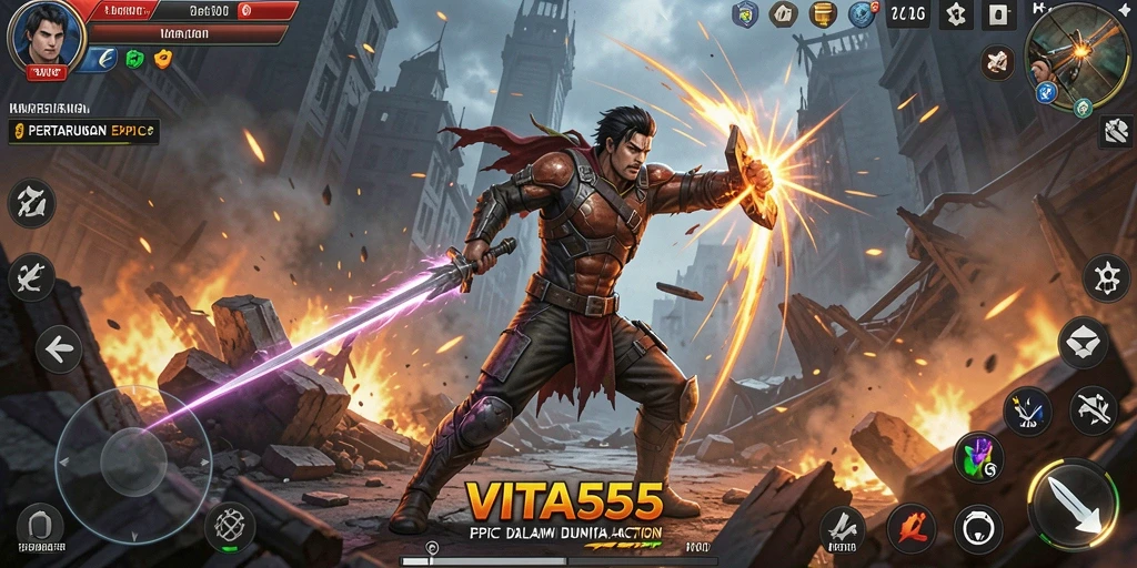 Screenshot utama VITA555 menampilkan aksi pertarungan yang mendebarkan.